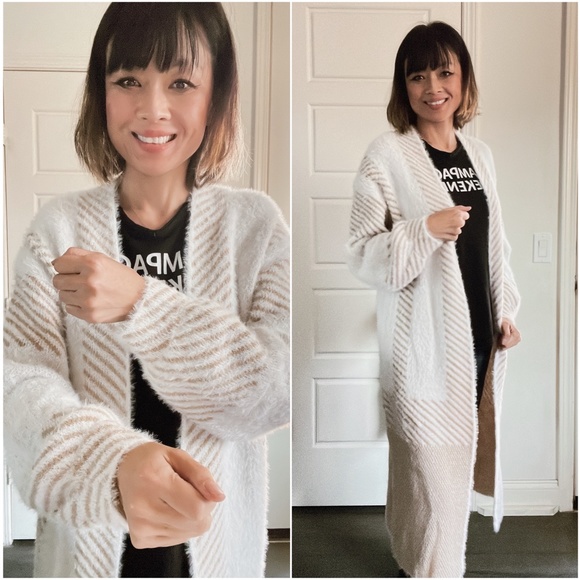 021 Cozy Color Block Stripes Fuzzy Open Front Cardigan - Picture 6 of 12